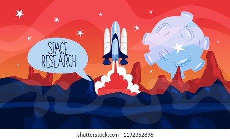 Space rocket launch with planets on the background. Idea of space research and exploration. Construction takes off after countdown. Flat vector illustration