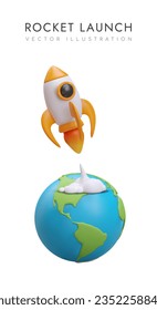 Space rocket launch. Realistic illustration. Rocket leaves Earth. Journey into space. Start of new project. Development of creative idea, startup. Vertical poster