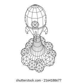 Space Rocket Launch Ship. Concept of business product on a market. Wireframe low poly mesh vector illustration