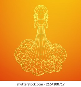 Barco de lanzamiento de cohetes espaciales. Concepto de producto comercial en un mercado. Ilustración vectorial de malla baja de malla de alambre