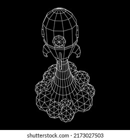 Startschiff für Space Rocket. Konzept der Business-Produkte auf einem Markt. Wireframe Low-Poly-Mesh, Vektorgrafik