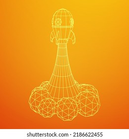 Space Rocket Launch Ship. Concept of business product on a market. Wireframe low poly mesh vector illustration