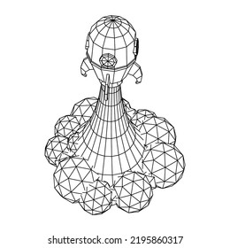 Space Rocket Launch Ship. Concept of business product on a market. Wireframe low poly mesh vector illustration