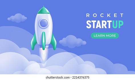 Space rocket launch to sky. Business start up, creative idea concept. Horizontal background template for cover, header, landing page web site. Simple modern 3d cartoon design. Vector illustration