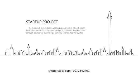 space rocket launch to the sky and city on background. vector line concept