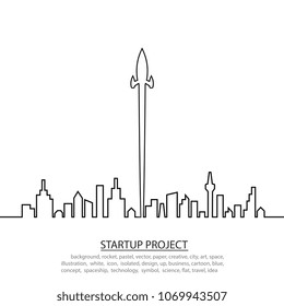 space rocket launch to the sky and line city on background. vector illustrator