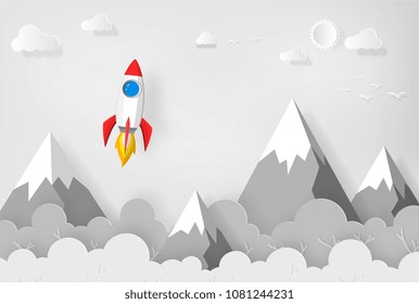 space rocket launch to the sky, mountains, trees and clouds on background. vector paper art or paper cut concept