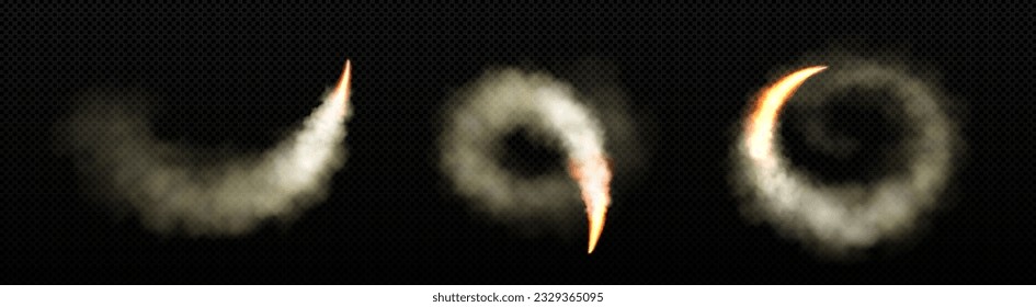 Space rocket launch smoke trail with fire vector. Isolated plane or jet spaceship takeoff explosion contrail 3d air spray with flame. Realistic engine start swirl track. Round airplane flying track