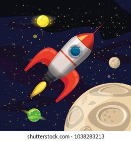Space rocket launch, spaceship, space background, cartoon style, Vector illustration
