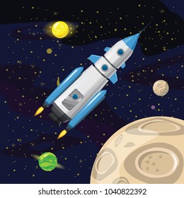 Space rocket launch, spaceship, space background, cartoon style, Vector illustration