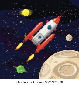 Space rocket launch, spaceship, space background, cartoon style, Vector illustration