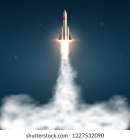 Space rocket launch. Spaceship take off with fire and jet smoky trail. Space travel and start up isolated vector illustration