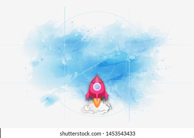 Space Rocket Launch. Spaceship Taking Off. Concept of Startup New Business, Technology Idea. Vector illustration. Place for Text on Blue Background.