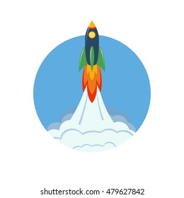 Space rocket launch. Spaceship taking off on a mission. Vector art in flat style. Fully editable. Concept for startup, technology, speed, innovation or start of new business.