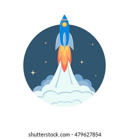 Space rocket launch. Spaceship taking off on a mission. Vector art in flat style. Fully editable. Concept for startup, technology, speed, innovation or start of new business.