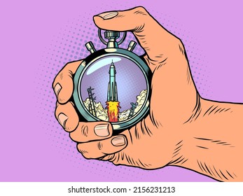 cronómetro deportivo de lanzamiento de cohetes espaciales, medidor de velocidad. Las flechas del reloj son un instrumento preciso. Caricatura de historietas de dibujos retro de arte pop tipo vectorial 50s estilo vintage kitsch