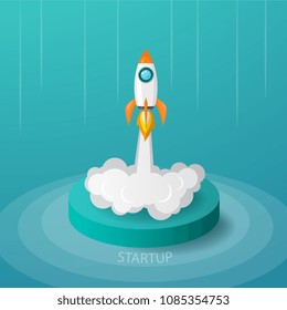 Space Rocket Launch From Stage To The Sky In Startup Concept Of Business Or Project.