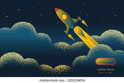 Space rocket launch. Start up concept. Design elements for banner, poster, for business on scene beautiful horizontal Nature landscape, frame and space for text on sky background Vector texture