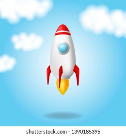Space rocket launch. Start up concept. Realistic vector illustration. Blue background and clouds.