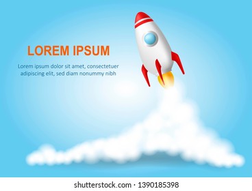 Space rocket launch. Start up concept. Realistic vector illustration. Smoke clouds.