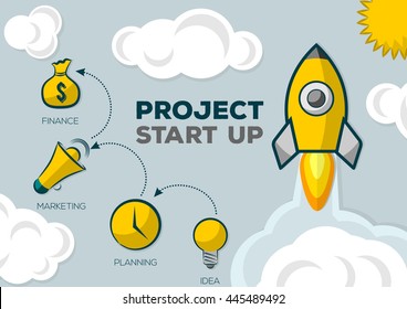 Space rocket launch. Start up concept flat design style. Vector illustration. Can be used for presentation, web page, booklet, etc.
