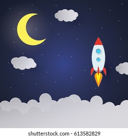 Space rocket launch. Start up concept paper art style. Vector illustration.