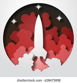 Space Rocket launch startup. Paper cut style. Vector illustration