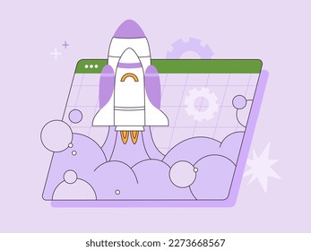 Space rocket launch. Successful business start up, launching new project. Creative, innovative idea. Hand drawn vector illustration isolated on purple background, flat cartoon style.