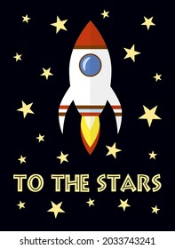 Space rocket launch symbol, "To the stars" motivation card, a rocket flat design icon, a rocket flying to the stars