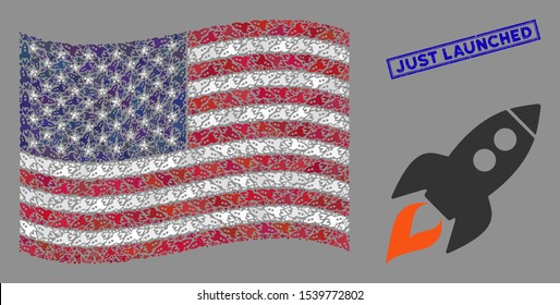 Space rocket launch symbols are grouped into United States flag collage with blue rectangle distressed stamp watermark of Just Launched phrase.