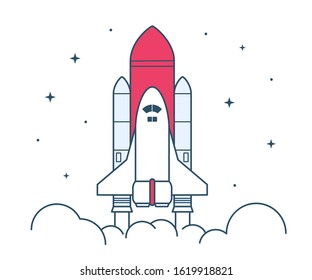 Space rocket launch. Technology spaceship, science and shuttle. Symbol of successful start. Vector illustration in linear style. Isolated on white background