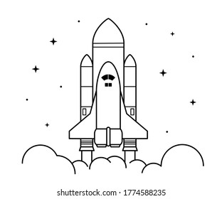 Space rocket launch. Technology spaceship, science and shuttle. Symbol of successful start. Vector illustration in linear style. Isolated on white background