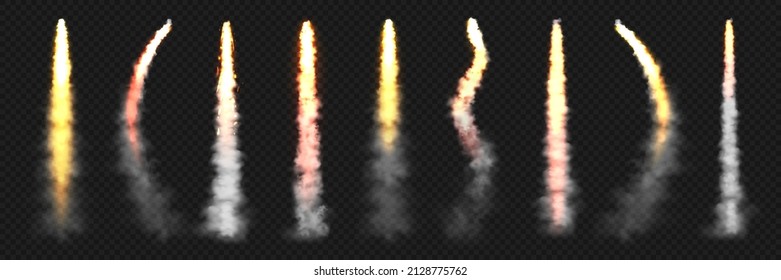 Space rocket launch trails. Fire burst, explosion. Missile or bullet trail. Jet aircraft tracks. Smoke clouds, fog. Steam flow. Vector illustration.