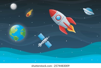 Space rocket launch in universe. Vector illustration