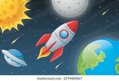 Space rocket launch in universe. Vector illustration