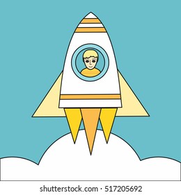 Space rocket launch vector. Flat style. Man flying aboard a spaceship. Startup, project, idea realization launching, career progression concept. Illustration for web, app icons, logotype design. 