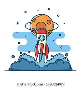 Space rocket launch vector illustration. Rocket icon. Conceptual design idea for sticker, background, ui/ux design, banner, web landing page and more. Flat design style.