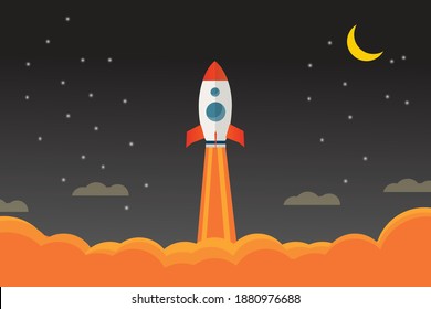 Space rocket launch. Vector illustration of starting space rocket with smoke clouds on dark night sky background.