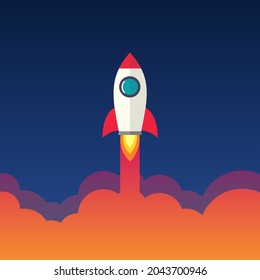 Space rocket launch. Vector illustration of starting space rocket with smoke clouds on dark night sky background.