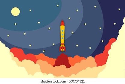 Space rocket launch. Vector illustration with flying rocket. Space travel. Project development. Creative idea,
