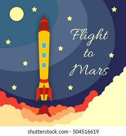 Space rocket launch. Vector illustration with flying rocket. Space travel. Project development. Creative idea,
