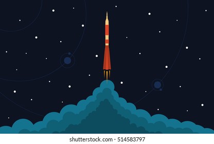 Space rocket launch. Vector illustration with flying rocket. Space travel. Project development. Creative idea.

