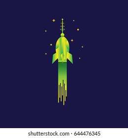 Space rocket launch. Vector illustration with flying rocket. Space travel. Project development. Creative idea. on blue background