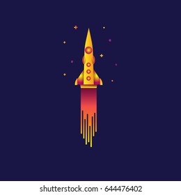 Space rocket launch. Vector illustration with flying rocket. Space travel. Project development. Creative idea. on blue background