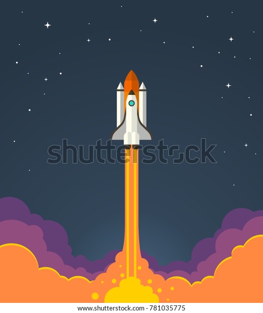 宇宙ロケット打ち上げ 暗い夜空の背景に煙雲を持つ宇宙ロケットの始動のベクターイラスト のベクター画像素材 ロイヤリティフリー
