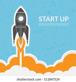 Space rocket launch in vintage style. Vector start up concept illustration