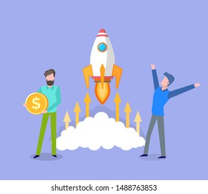 Space rocket launched by men, business startup man happy of success, male with gold coin, finance and assets of project, money capital base. Vector illustration in flat cartoon style