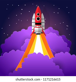 space rocket launching with beautiful clound, startup business concepet,business illustration, paper art