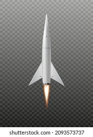 Lanzamiento de cohetes espaciales con una plantilla de pista humeante de fuego y chorro, ilustración vectorial realista aislada en un fondo transparente. Lanzamiento o despegue de nave espacial.