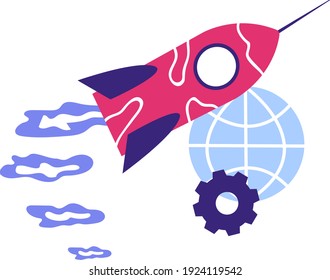 Weltraumraketen starten und fliegen am Himmel, Cartoon, Vektorgrafik einzeln auf weißem Hintergrund. Raumschiff startet und startet. 